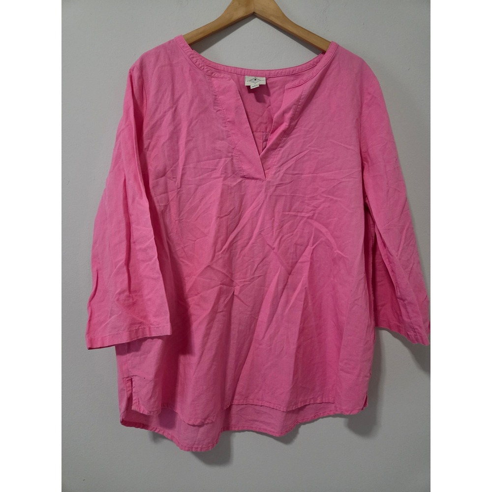 St Johns Bay Pink Cotton Linen Blend Split V-Neck 3/4 Sleeve Tunic Top‎ Large